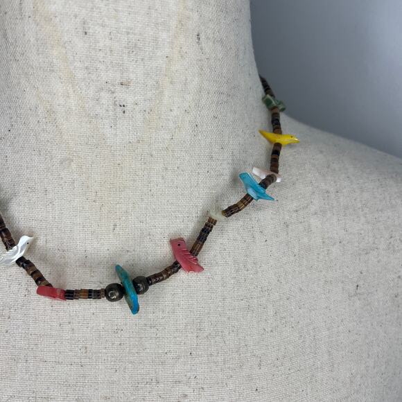 Zuni Fetish Necklace 10 Birds 18" Heishi Bead Native American Brown Multicolor - Picture 4 of 12